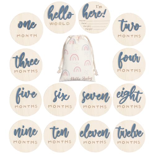 Burbell 7 Pack 3D Baby Monthly Milestone Card Signs Baby Announcement Sign Double Sided Hello World Newborn Signs Wooden Circles Discs for Welcome Newborn Shower Boy Girl Photo Props(Slate Blue)