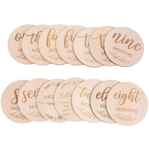 Baby Monthly Milestone Cards, 14 Pieces Wooden Baby Milestone Cards Double Sided Milestone Discs Photo Props Baby Set for Baby Shower - Light Wood, 10X10X0.3cm