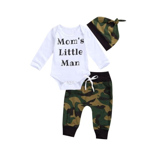 Canrulo Newborn Baby Boys Camouflage Clothes Mama's Little Man Letter T-Shirt Romper+ Pants+ Hat 3PCS Outfits White 3-6 Months