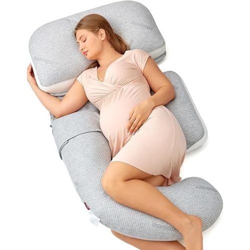 Momcozy G Shaped Pregnancy Pillow, Original Detachable Maternity Pillow with Flexible Belly Wedge Pillow for Pregnant Women, Full Body Support Pillows with Air Layer Cover, Grey and White