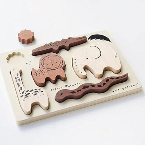 Wee Gallery Wooden Tray Puzzle Safari Animals - Montessori Toys, Motor Skills Development, Early Learning Activity, Brain Games, Educational Toys for Kids, Toddler, Preschool Activities (Age 2 3 4)