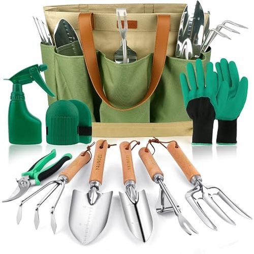 YAUNGEL Garden Tools Set, 10 Piece Heavy Duty Stainless Steel Gardening Tools with Non-Slip Wood Handle, Tote Bag, Gloves, Trowel, Kneel, Weeder Tools - Garden Gifts Packing for Women Men