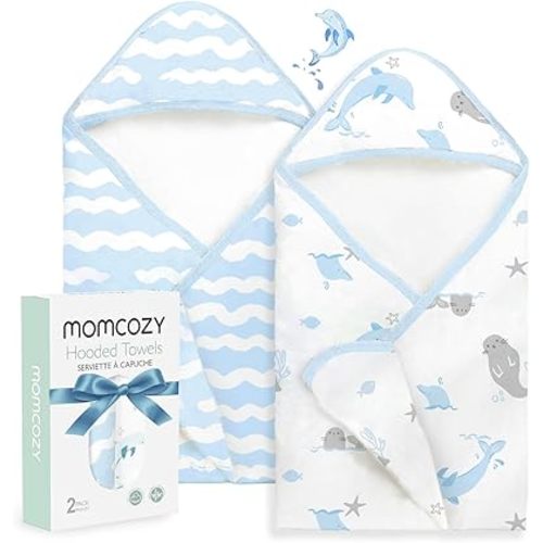 Momcozy Baby Towel with Hooded-Original Design Baby Towel Set -Soft & Absorbent- Shower Gifts or Bath Essential for Infant, Newborn, Toddler, Marine Sea Whale Seal Waves Magic