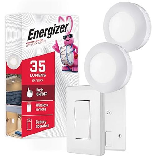 Energizer LED Puck Lights, Wall Switch Remote, 2 Pack, Battery Operated, Under Cabinet Lighting, Wireless Lights, 50 ft Range, Perfect for Kitchen Under Cabinet, Laundry Room, and More, 58822-T1