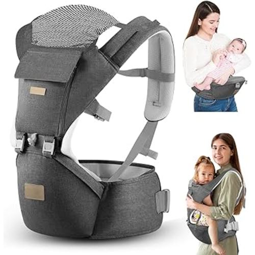 VYPERX 6-in-1 Ways Baby Carrier with Hip Seat and Lumbar Support, Newborn to Toddler, 0-36 Month, 7-33 Lb, Ergonomic All Positions Kids Carrier Soft Baby Holder Carrier with Hood Dark Grey