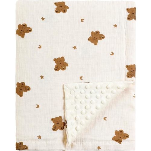 CREVENT 30''X40'' Organic Muslin Cotton Baby Blanket for Newborns, Soft Mink Backing, Essential for Baby Shower Birthday Gift - Bear 75X100cm
