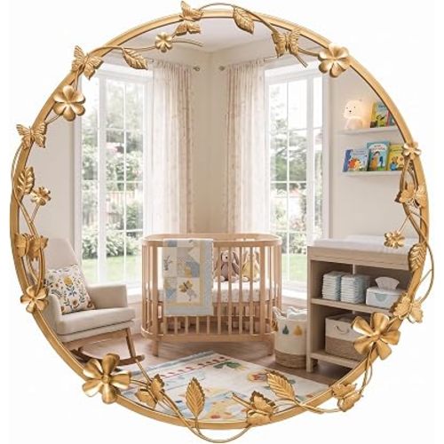 Huwena 24 Inch Round Gold Mirror, Ornate Floral Butterfly Frame Wall Mirror