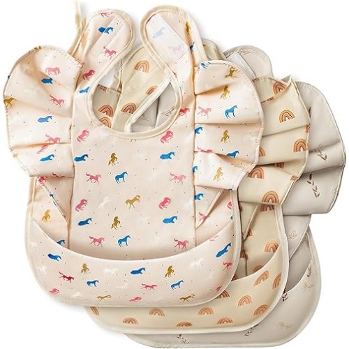 BUoonyer 3pcs Mess-Proof Baby Apron for Feeding Eating, Food Bibs with Catcher, Unicorn Rainbows Adjustable Waterproof Mess Proof Apron for Babies Toddlers Girls Boys Infant Newborn Birthday Gift