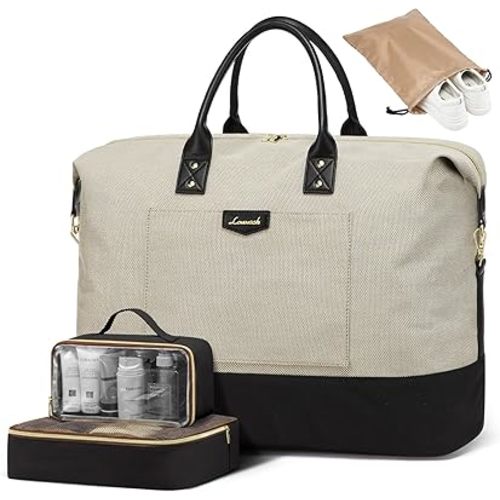 LOVEVOOK Travel Bags for Women, Weekender Bags for Women with 2 Cubes, Personal Item Travel Bag with Shoes Bag, Carry on Overnight Bag, Hospital Bags for Labor and Delivery, 4 Pcs Set, Khaki/Black