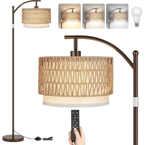 Rattan Floor Lamps for Living Room, Boho Standing Lamps with Rattan& Linen Double Shades, Arc Lamps Floor Standing with 9W Bulb, Foot Switch, Brown Bohemian Floor Lamps for Bedroom, Office-Drum