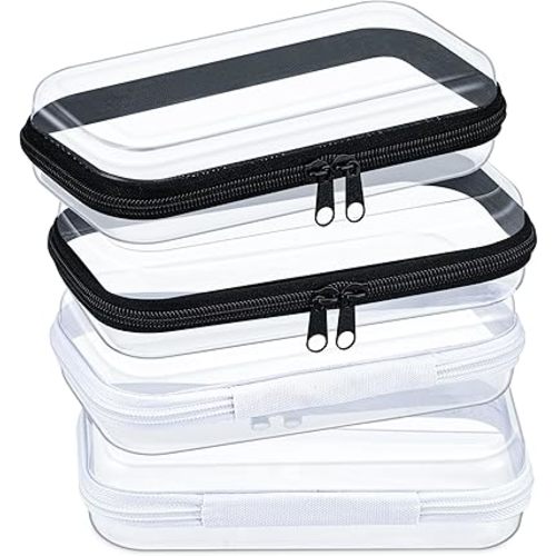 Hoolerry 4 Pcs Hard Clear Zipper Case Transparent Cases for Snacks Makeup Bag Plastic Storage Box Containers for Building Blocks, Puzzles, Cosmetics(Black and White,7.5 x 3.9 x 2 in)