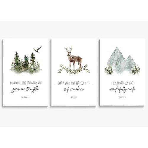SKYSUKEY Christian Nursery Decor Baby Bible Verse Wall Art Scripture Inspirational Prints Watercolor Forest Woodland Nursery Wall Decor Christian Home Decor Christian Canvas Wall Art Religious Décor