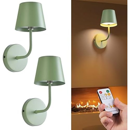 LED Wireless Wall Lamp Set of 2, with 5600mAh Rechargeable Battery Powered Wall Sconces, Touch for Remote Control Infinite Dimming Be Used for Bedroom Mirror Living Room Wall Painting(Green)