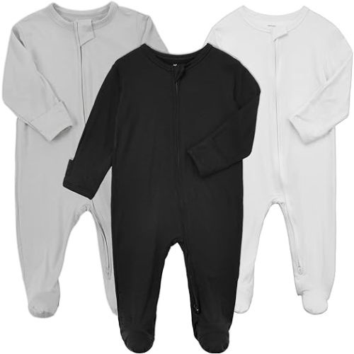 Aablexema Baby Zipper Pajamas Bamboo Rayon, 3pcs Unisex Infant Onesie with Mitten Long Sleeve Footed Pjs - Black & White & Grey - 3-6 Months