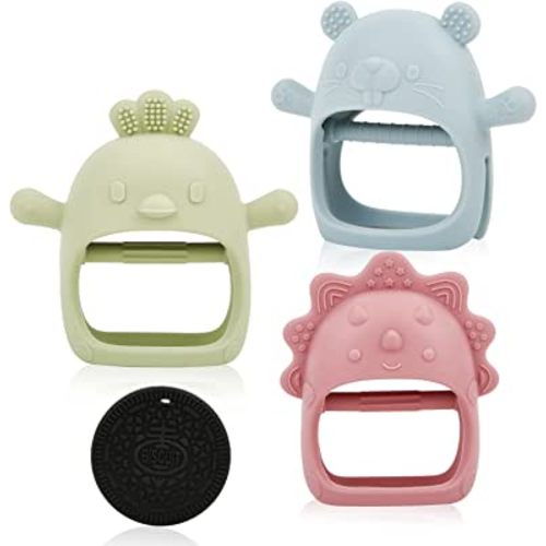 Baby Teething Toys Silicone Teethers for Babies 0-6 Months No Drop Chew Toys Baby Hand Teethers for Soothing Pain Cute Safe Designs (4 Pieces)