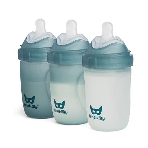 Herobility Glass Baby Bottle - 7.8 fl oz/220 ml - 3 Pack | Heat Sensing Color-Changing Bottle with Double Anti-Colic Nipple - Silicone Coating - Breastlike Nipples for Newborn Babies - Teal Color