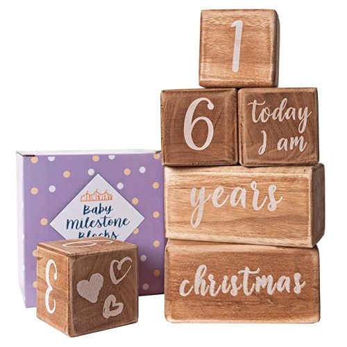 Baby Monthly Milestone Blocks for Baby Boy, USA Certified Safe Month Baby Milestone Blocks, Age Blocks for Nursery Decor, Best Baby Gifts for Baby Shower, Newborn Photography Props Social Media - Light Brown