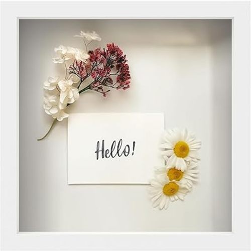 FrameWorks 11” x 11” White Wooden Shadow Box Frame – Display Case with Soft Felt Back, Memory Box with Tempered Glass, Display Box with Elegant White Ball Push Pins, Wooden Flower Box