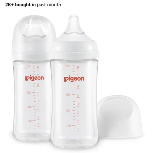Pigeon Glass Nursing Bottle Wide Neck, Anti-Colic, Streamlined Body, Natural Feel, Easy to Clean, Heat-Resistant, 8.1 Oz(Pack of 2), Includes 2pcs M Nipples (3m+)