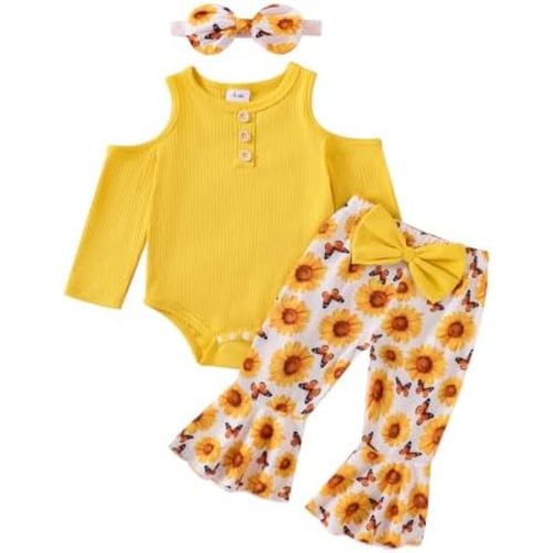 ZAXARRA Infant Baby Girl Fall Outfits Off Shoulder Baby Girl Romper Floral Pants with Headband 3Pcs Festival Clothes