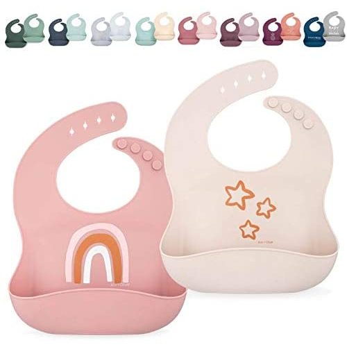 Ava + Oliver Silicone Bib Set - Adjustable Catch All Waterproof Bibs - Set of 2 - Rose/Vanilla