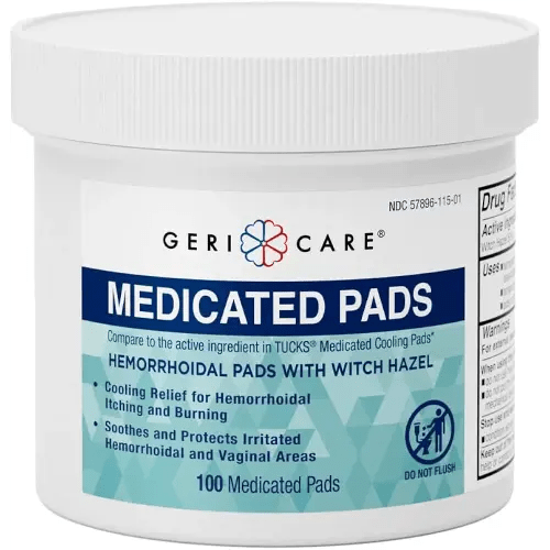GeriCare Medicated Cooling Pads with Witch Hazel. for Soothing Itch, Discomfort, and Burning, Pre-Moistened Pads Ideal for Sensitive Areas, 100 Count (Pack of 1)