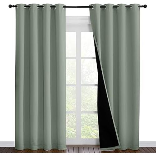 NICETOWN 100% Blackout Window Curtain Panels, Cold and Full Light Blocking Drapes with Black Liner for Nursery, 86 inches Drop Thermal Insulated Draperies (Greyish Green, 2 Pieces, 55" Wide per Panel)