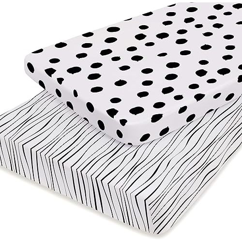 Pack n Play Playard Sheet | Portable Crib Sheet Set 2 Pack Black and White Abstract Stripes and Dots by Ely's & Co