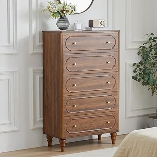 5 Drawer Fluted Dresser for Bedroom, Mid Century Modern Chest of Drawers, Wood Storage Large Dresser Organizer for Bedroom Living Room Hallway Closet, Walnut