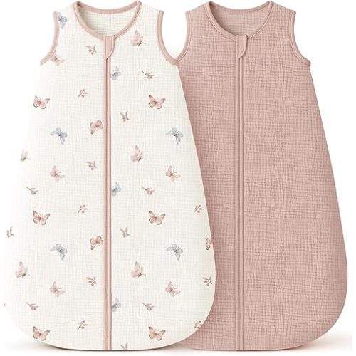 Konssy Muslin Baby Sleep Sack 0-6 Months 0.8 TOG, 2 Pack 100% Cotton Wearable Blanket for Babies, 2-Way Zipper Breathable Sleeping Sack Infant Toddler Essentials for Girls and Boys(Butterfly,Taupe)