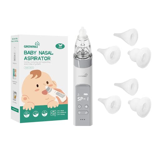 Baby Nasal Aspirator Grey with 6 Food-Grade Silicone Replacement Nozzles, Nose Sucker for Baby, Automatic Nose Sucker for Infants, Rechargeable, with Music & Light Soothing Function