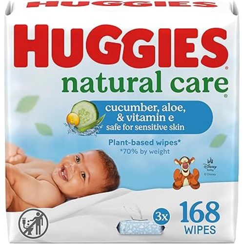 Huggies Natural Care Cucumber, Aloe and Vitamin E Baby Wipes, Hypoallergenic, Scented, 3 Flip-Top Packs (168 Wipes Total), Packaging May Vary