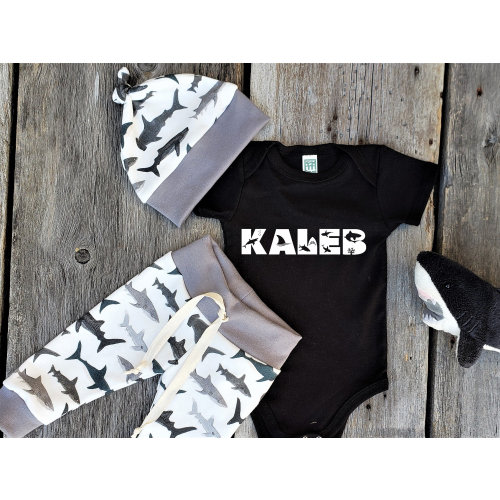 Personalized shark outfit, organic baby clothes, shark baby, baby boy outfit, baby layette, shark baby name, ocean baby
