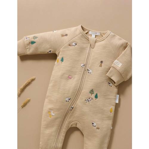 Brown Farm Friends Embroidered Fleece Growsuit - Baby Growsuits - Purebaby - Purebaby