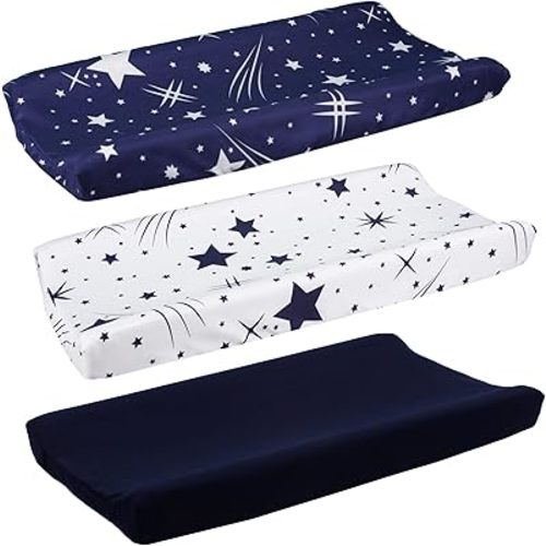 3 Pack Microfiber Soft Changing Pad Cover, with 2 Considerate Safety Belt Holes, Durable Diaper Change Table Sheet Set for Baby Boys Girls, 16''x32''x8'', White Star & Navy & Navy Star