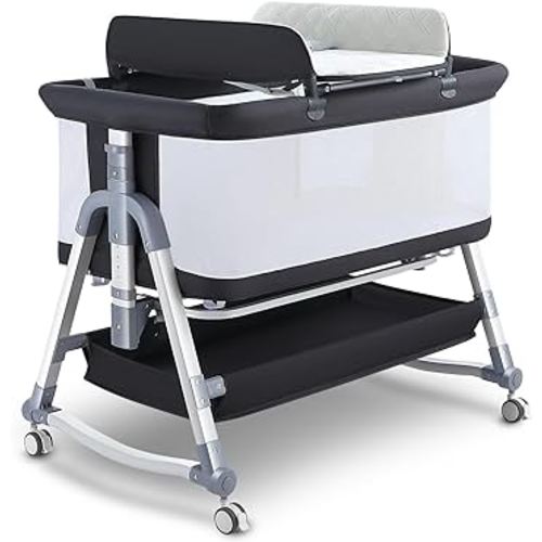 4 in 1 Bedside Bassinet for Baby, Portable Baby Bassinet with Wheels, Baby Crib with Changing Station, Mattress Included and Storage, Foldable Travel Bassinet for Baby/Infant/Newborn - Mesh