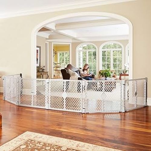 Toddleroo by North States Superyard 6 Panel Baby Play Yard.Playpen/Extra Wide Baby Gate, Wall Mount Kit Included.Made in USA. 38.5"-201"wide, 5.5 ft corner to corner play yard,Plastic (26" tall, Gray)
