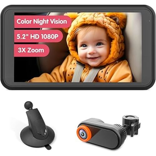 Car Camera for Baby with Suction Cup Mounts, 5.2'' Baby Car Camera Clear Night Vision Car Camera for Baby 360° Rotation for Rear Facing Seat BM2