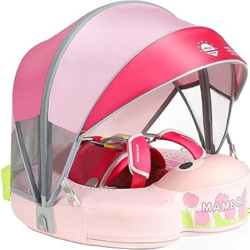 Mambobaby Non-Inflatable Baby Pool Float with Tail and Canopy UPF 50+ Sun Protection No Flip Over Infant Swim Float Skin-Friendly Mambo Float Swim Trainer Solid Baby Swimming Ring