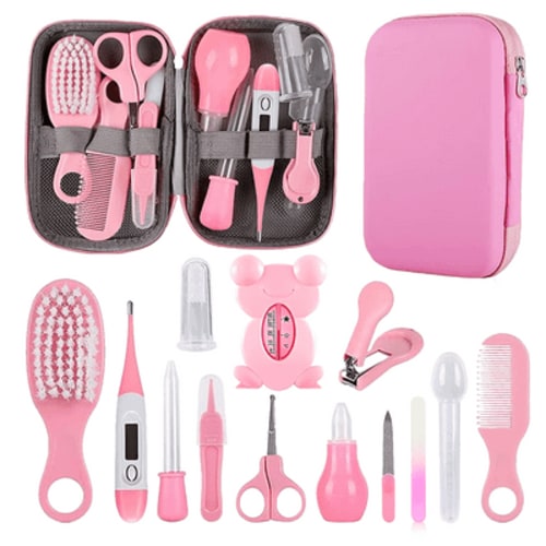 Baby Grooming Kit, Infant Safety Care Set with Hair Brush Comb Nail Clipper Nasal Aspirator for Newborn Girls Boys (Pink)