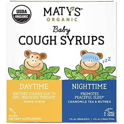 Maty's USDA Organic Baby Cough Syrup Day & Night Value Pack – Gently Soothes & Relieves Baby's Coughs, Naturally – Made with Organic Agave Syrup, Lemon, Cinnamon & More - 2-2fl oz Bottles