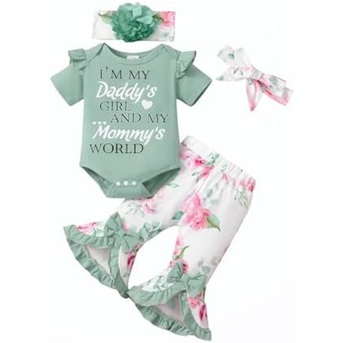 SUNNY PIGGY Newborn Baby Girl Clothes Infant Outfits Romper Floral Fall Outfit Bell Bottoms Pant Sets Hat Headband Flowerpant
