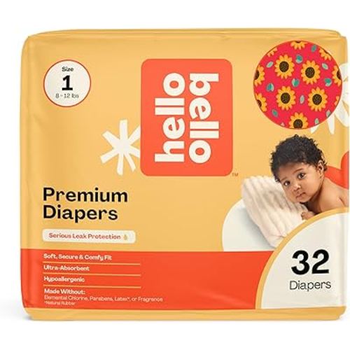 Hello Bello Diapers, Size 1 (8-12 lbs) Flower Child, 32 Count of Premium Disposable Baby Diapers, Hypoallergenic with Soft, Cloth-Like Feel
