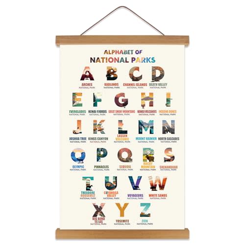 KAIRNE National Parks ABC Poster,Nature Scenery Alphabet Canvas Art Print,Travel Themed Wall Decor with Wood Magnetic Hanging Decoration(35X56CM) Alphabet of National Parks for Traveler Room Decor