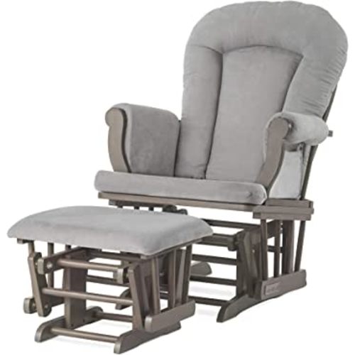 Child Craft Cozy Glider Rocker and Ottoman Set, Padded Cushion with Convenient Storage Pockets, Solid Wood Base & Frame (Dapper Gray with Light Gray Cushion)