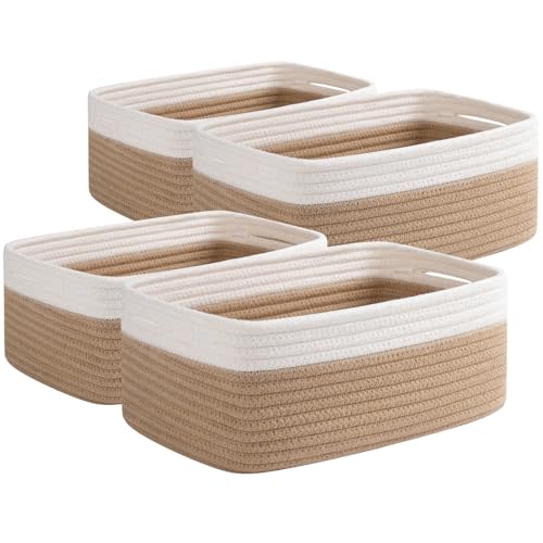 OIAHOMY 4 Pack Storage Baskets for Organizing, Small Bins for Shelves, Cute Decorative Storage Bins, Organizer Baskets for Gifts Empty, 11.8''Lx7.8''Wx4.7''H, Yellow/White