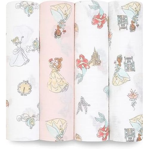 aden + anais Essentials Muslin Swaddle Blankets, Newborn Receiving Blanket for Swaddling, 100% Cotton Baby Swaddle Wrap, 4 Pack, Disney Princess