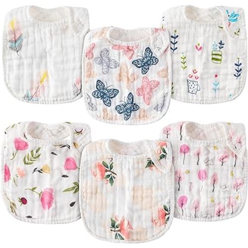 Zainpe 6Pcs Snap Muslin Cotton Baby Bibs Infants Feeding Bib Adjustable Burp Cloths Soft Drool Bibs for Toddlers Girl Boy