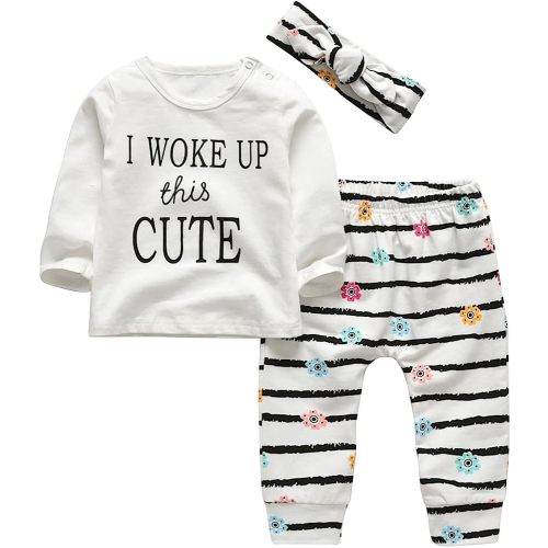 KuKitty 3Pcs Baby Girl Outfits Set Long Sleeve T-Shirt Tops Flowers Pants with Headband