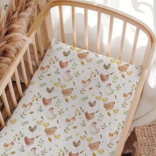 Unisex Farm Animals Chickens Pattern Baby Fitted Crib Mattress Sheets, Breathable Cute Chicken Print Crib Sheets, Baby Nursery Bedding - 28 * 52